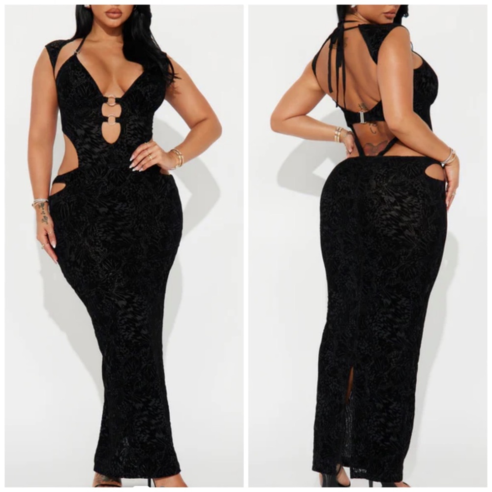 NWT Fashion Nova Daredevil Dress Black Burnout Velvet Mesh Maxi Cut Out Large L